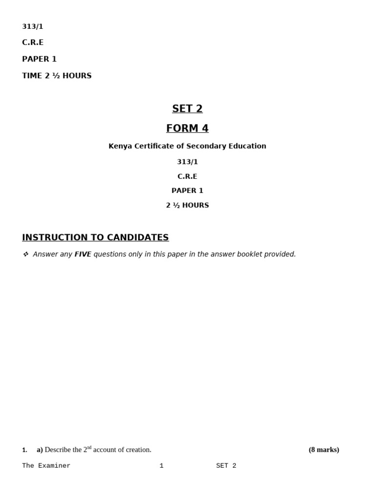 C.R.E Paper 1: Exam Questions Set 2 | PDF | Elijah | Books Of Kings