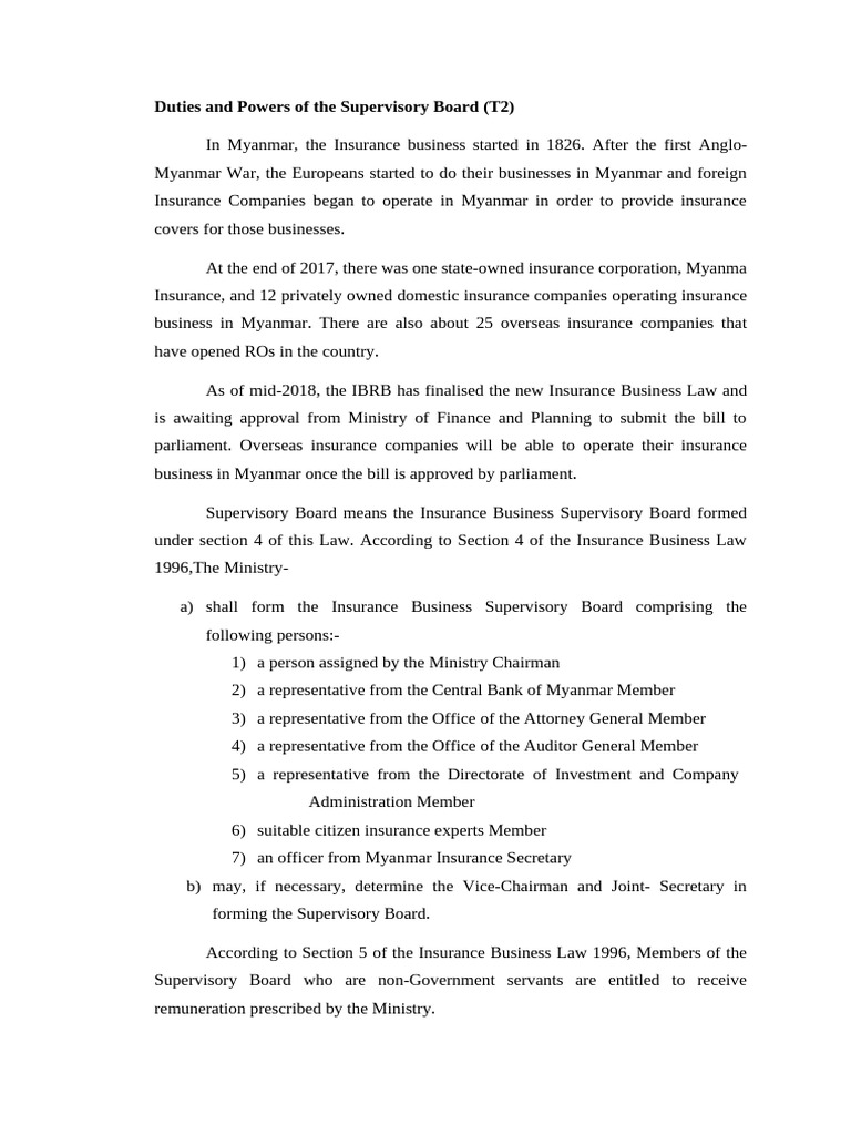 Supervisory Board Roles in Myanmar Insurance | PDF | Insurance ...