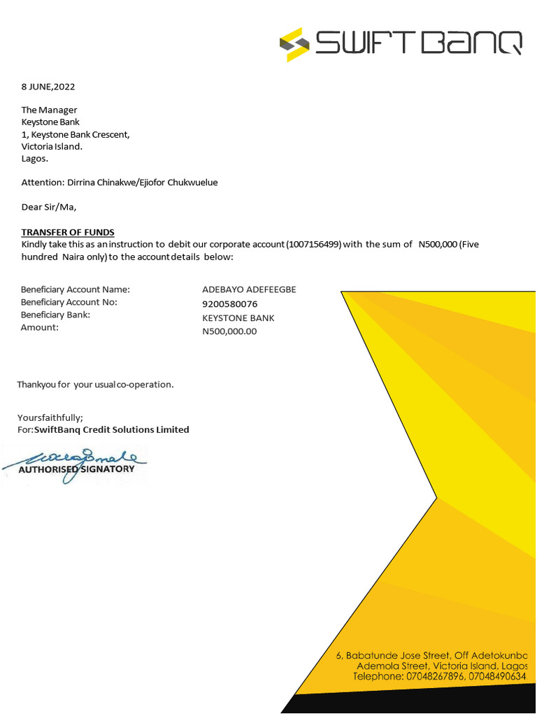 Fund Transfer Instruction Letter | PDF
