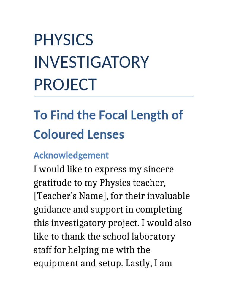 Investigatory Project Focal Length Coloured Lens | PDF | Glass ...