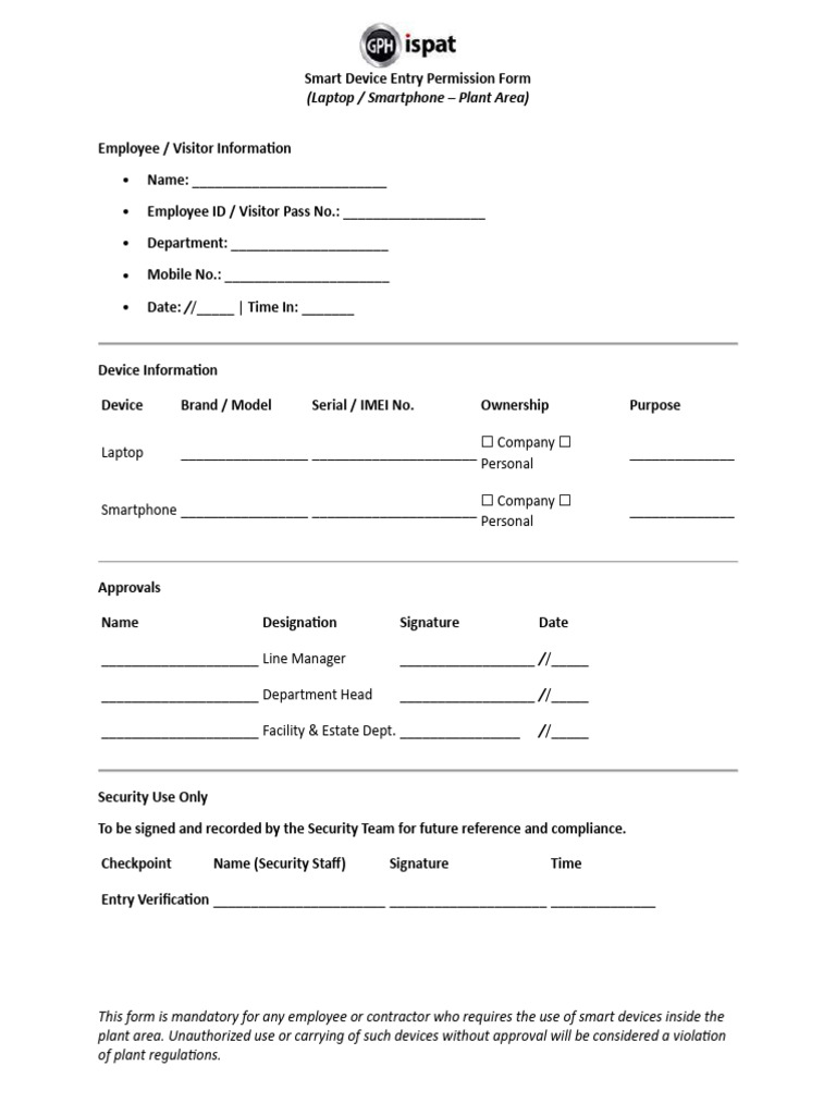 Smart Device Entry Permission Form | PDF