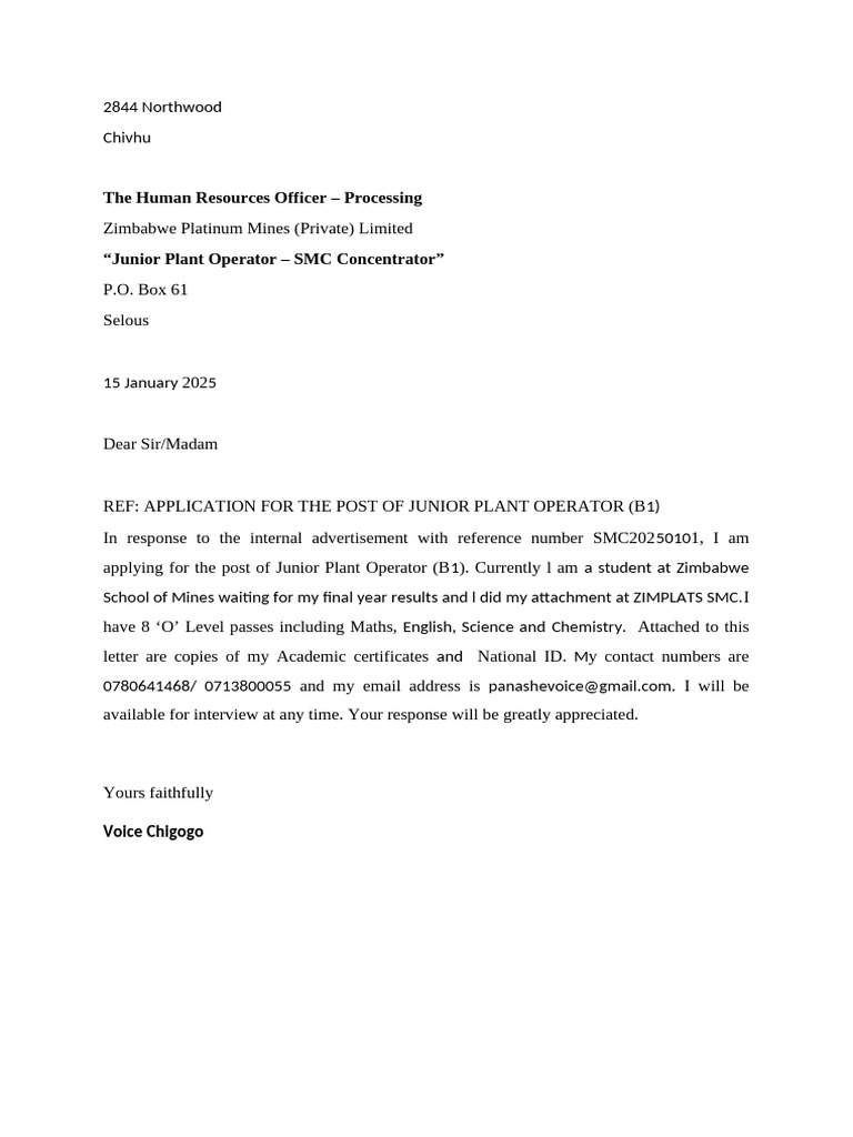 Junior Plant Operator Application - Zimbabwe | PDF