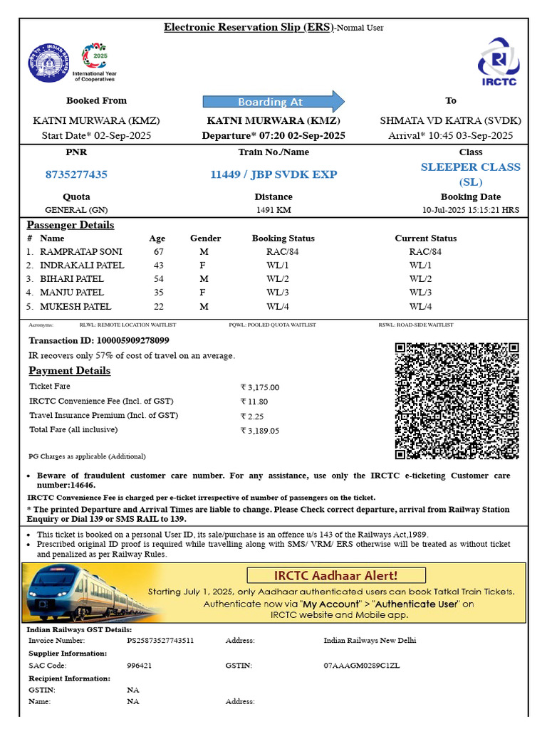 JBP SVDK EXP Ticket Booking Details | PDF | Identity Document | Payments