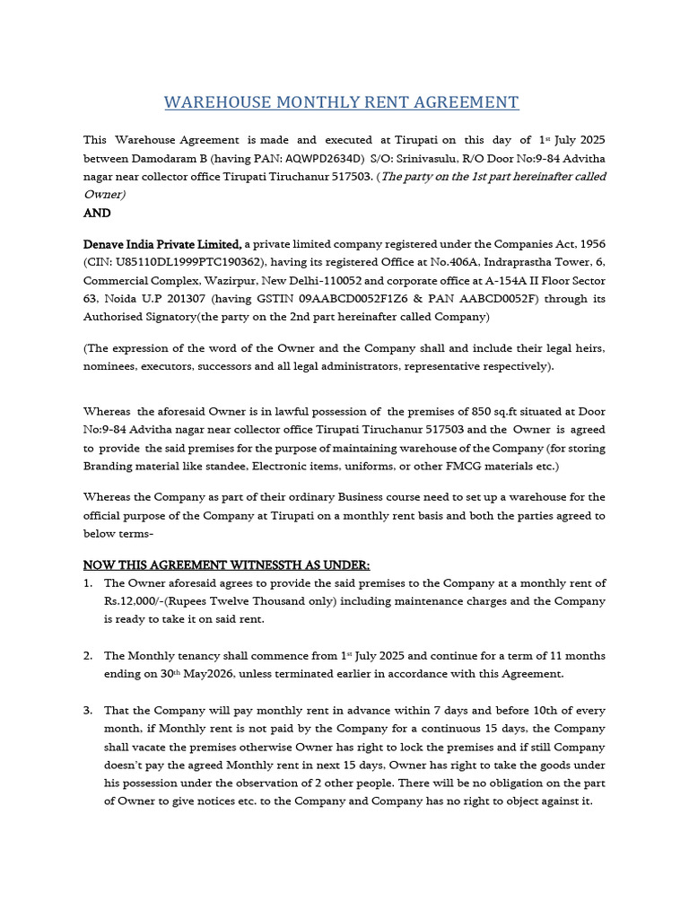 Tirupati Warehouse Rent Agreement | PDF | Lease | Common Law