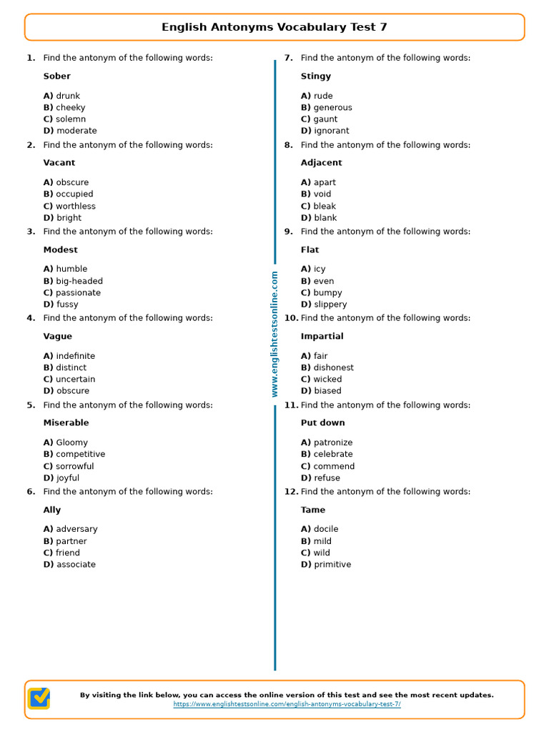 Antonyms Vocabulary Test Answers | PDF | Chess Theory | Chess