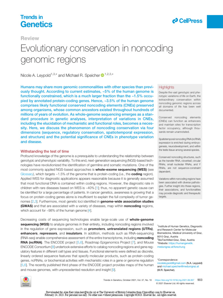 Conservation of Non-Coding Elements in Pathogens | PDF | Human Genome ...