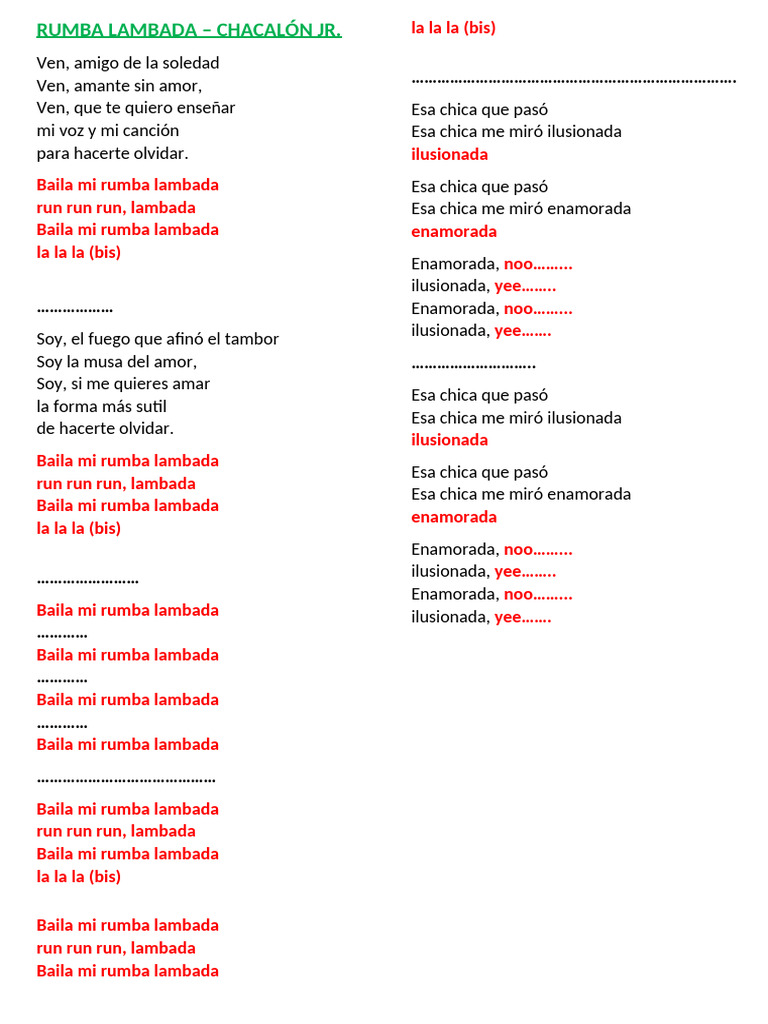 Rumba Lambada - Chacalon Jr. Letras | PDF