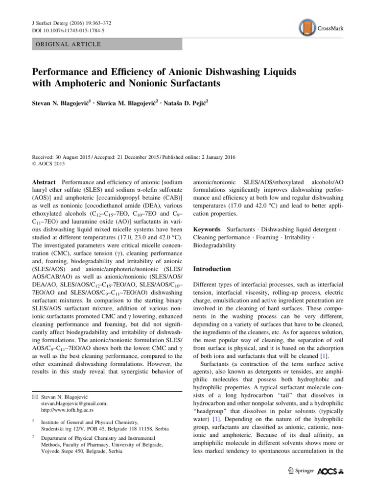 Performance of Anionic Dishwashing Liquids W Ampohteric and Nonionic ...