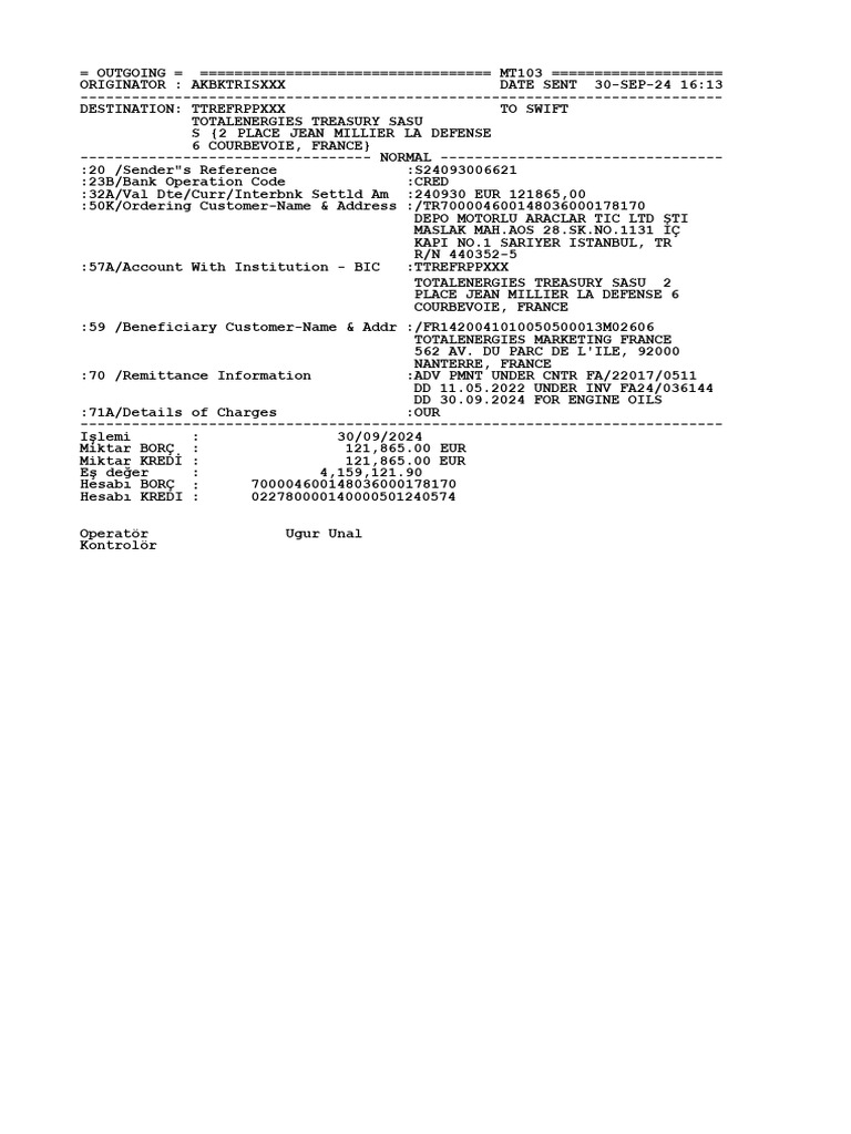 MT103 Payment for Engine Oils | PDF