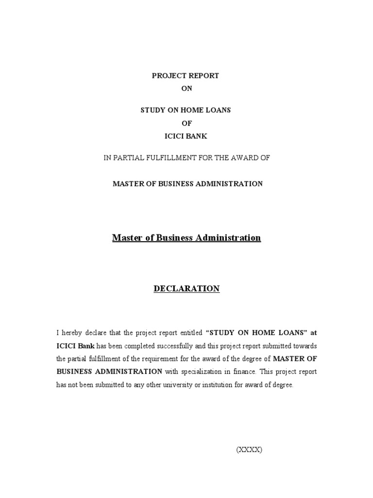Mba Banking Project Report On Study On Home Loans Of Icici Bank