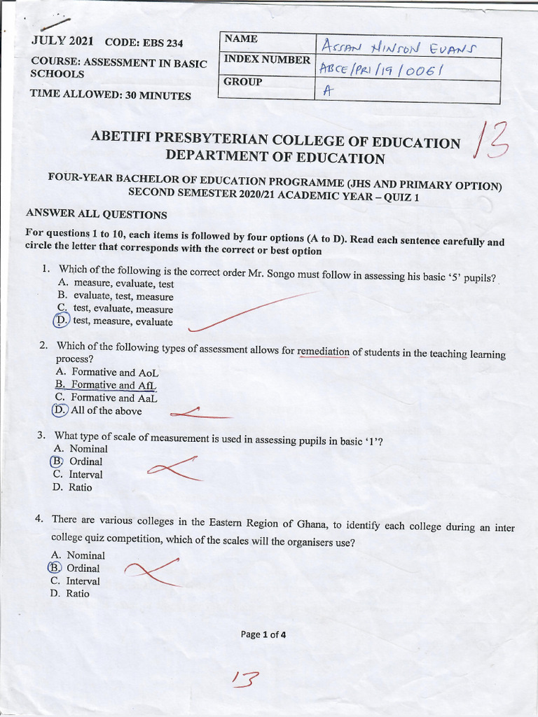 Assessment in Basic Education, Quiz 1 | PDF