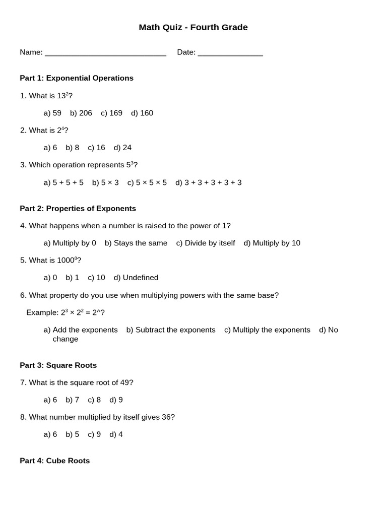 Math Quiz Fourth Grade1 | PDF