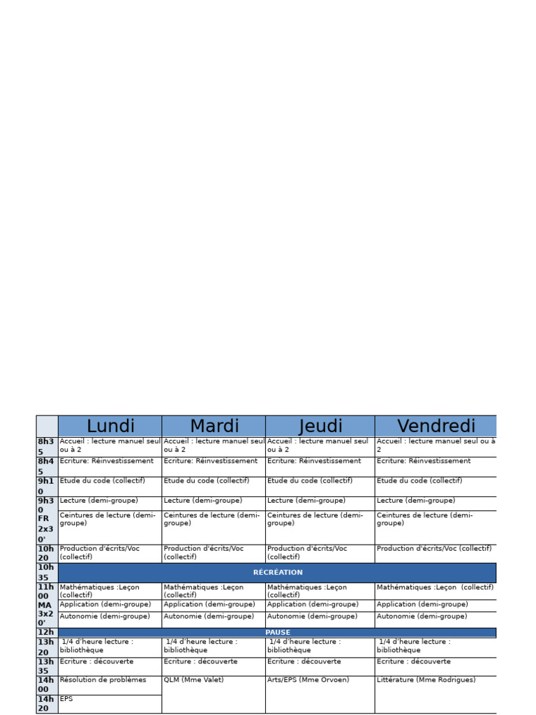 Emploi du temps primaire 2025-2026 | PDF