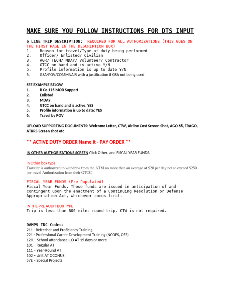DTS Input Guidelines for Travel Authorizations | PDF