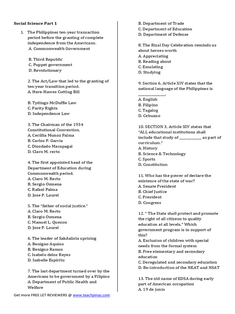 Philippine Social Science Review Quiz | PDF | Educational Assessment ...