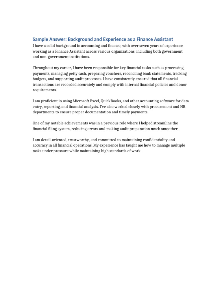 Finance Assistant Background Experience Sample | PDF