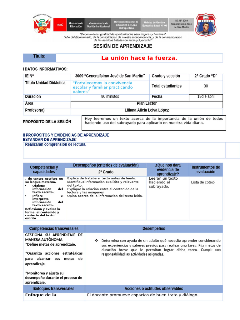 Sesión de Plan Lector | PDF | Aprendizaje | Evaluación