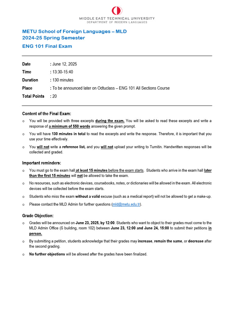 ENG 101 Final Exam Details 2025 | PDF