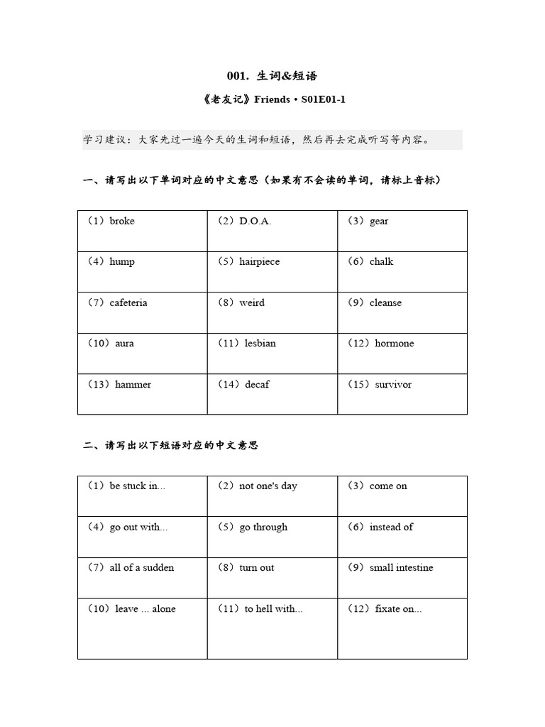 001. 生词&短语S01E01-1（ Friends ） | PDF