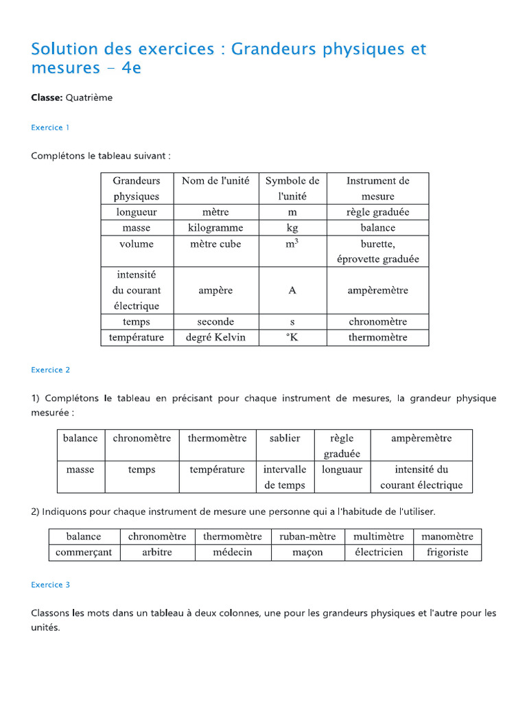Solution Des Exercices - Grandeurs Physiques Et Mesures - 4e | PDF ...