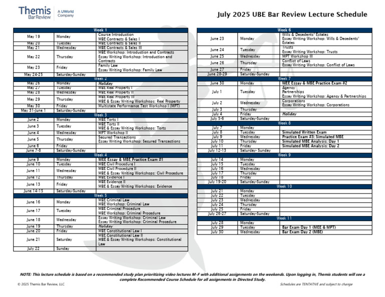 July 2025 Themis Bar Review Schedule | PDF | Common Law | Justice