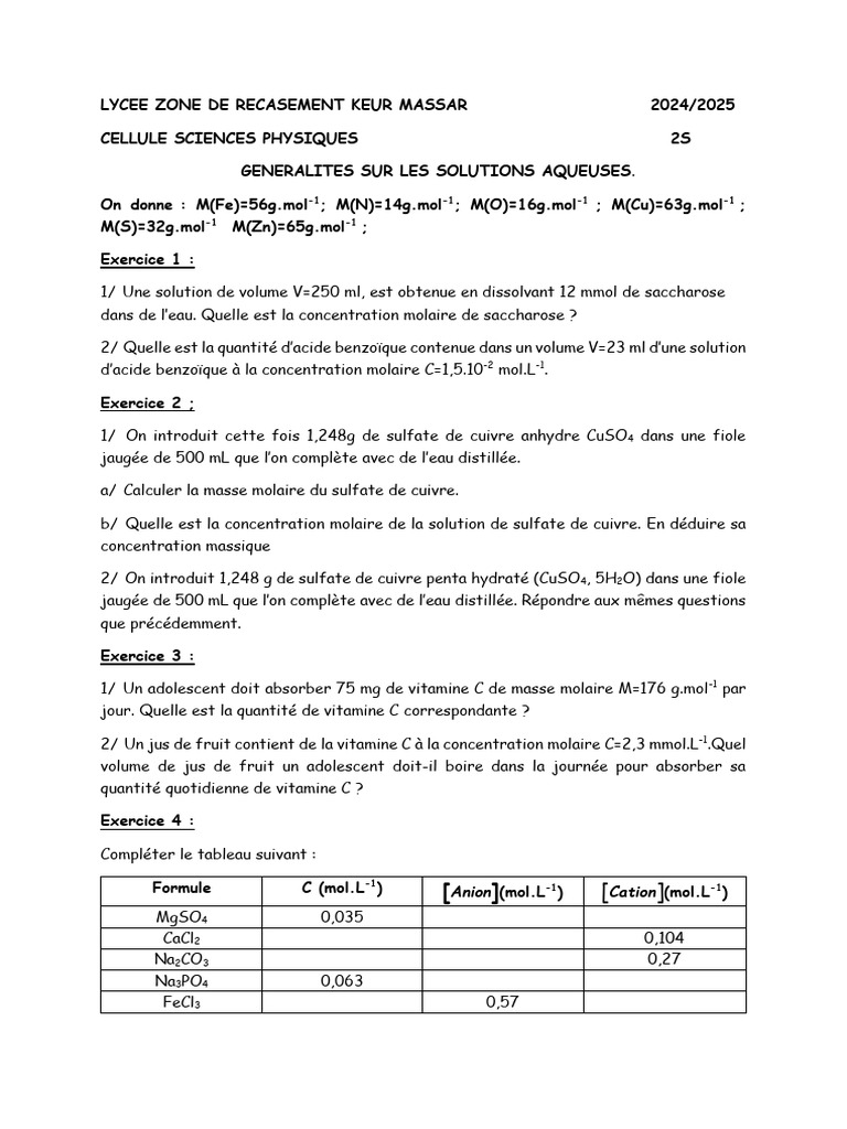 Masse molaire du sulfate de cuivre PDF Concentration molaire Chimie — free download