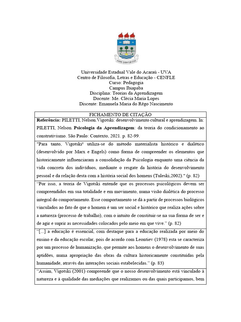 Teoria de Vigotski e Aprendizagem Infantil | PDF | Aprendizado | Psicologia