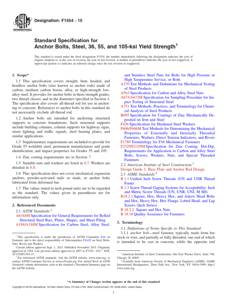 ASTM F1554 Anchor Bolt Specifications | PDF | Screw | Chemistry