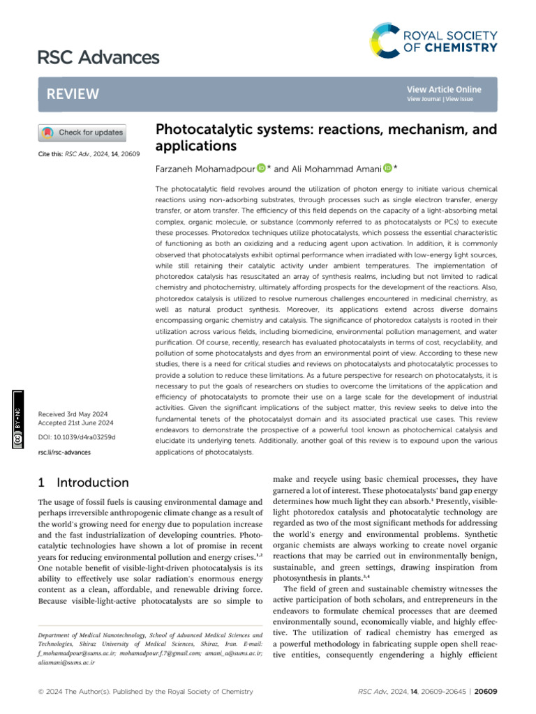 2024 - RSC Adv - Photocatalytic Systems - Reactions, Mechanism, and ...