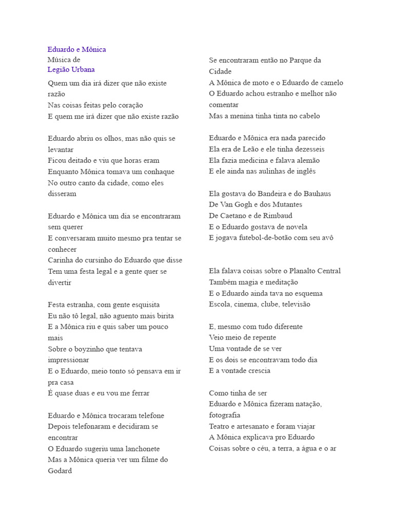 Letra da Música Eduardo e Mônica | PDF