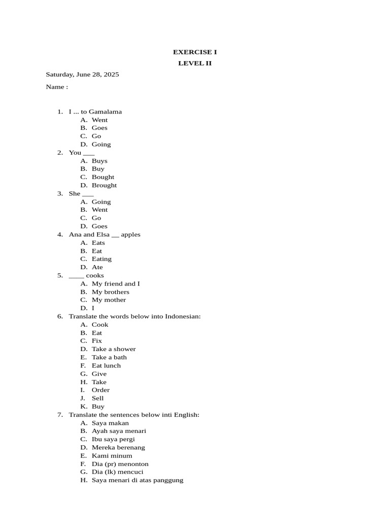 Exercise I Level 2 Juni | PDF