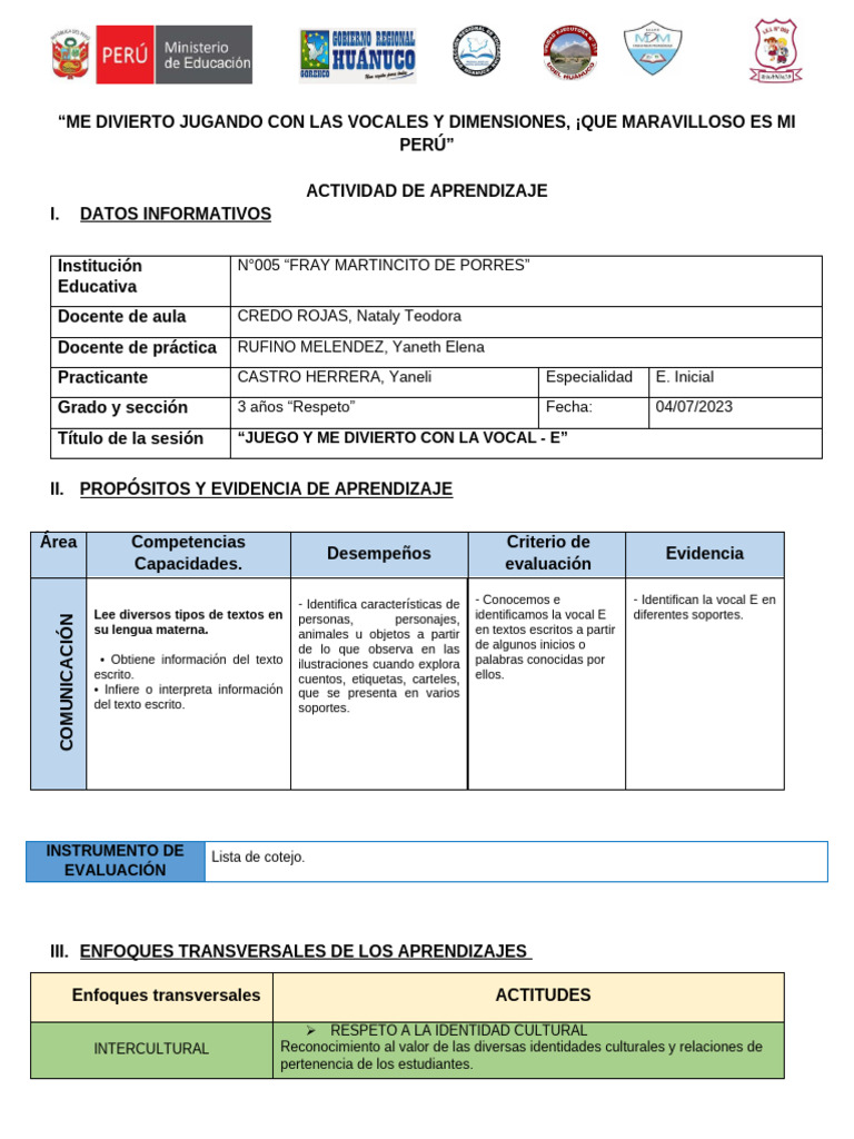 Juego y Aprendizaje con la Vocal E | PDF | Evaluación | Aprendizaje