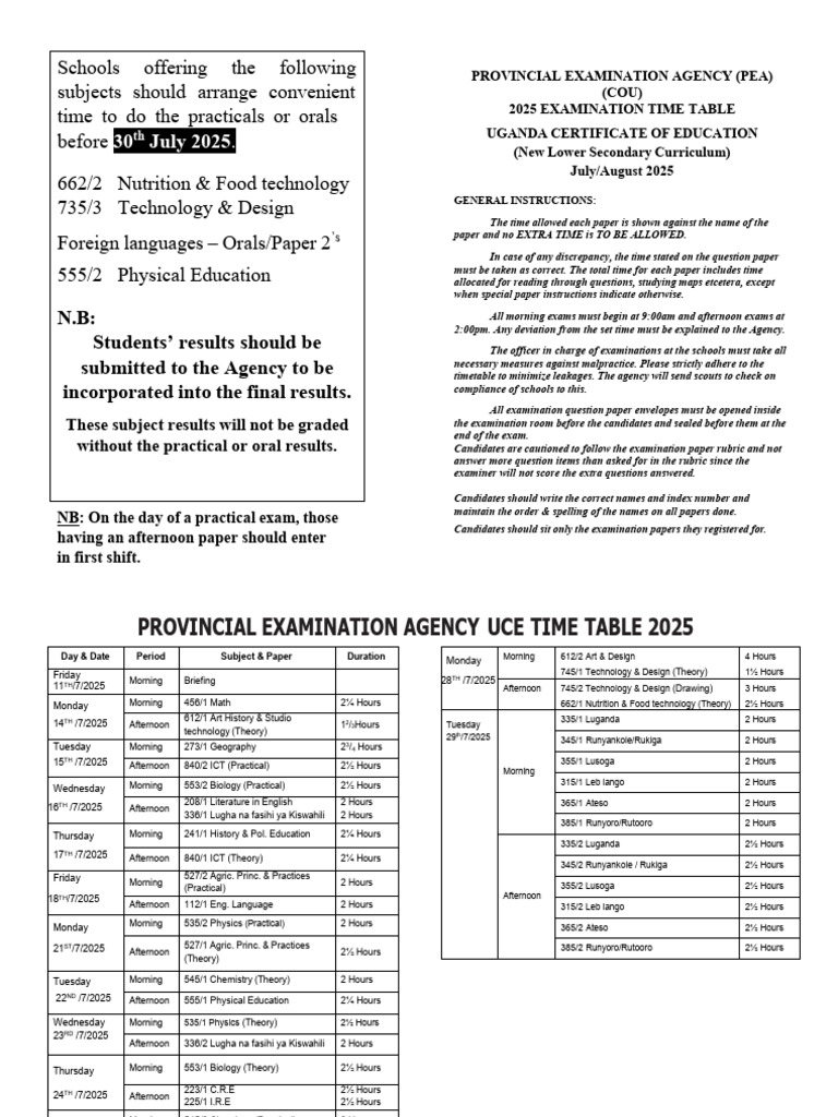PEA 2025 Uganda Exam Timetable | PDF