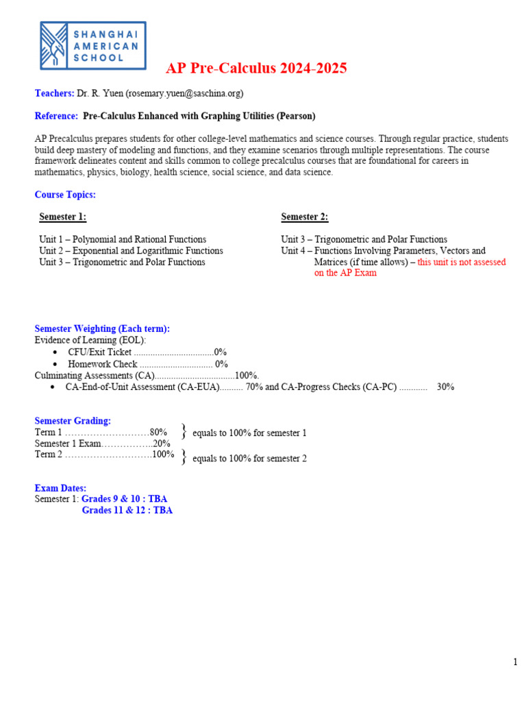 AP Pre-Calculus Syllabus 2024-2025 | PDF | Teachers | Precalculus