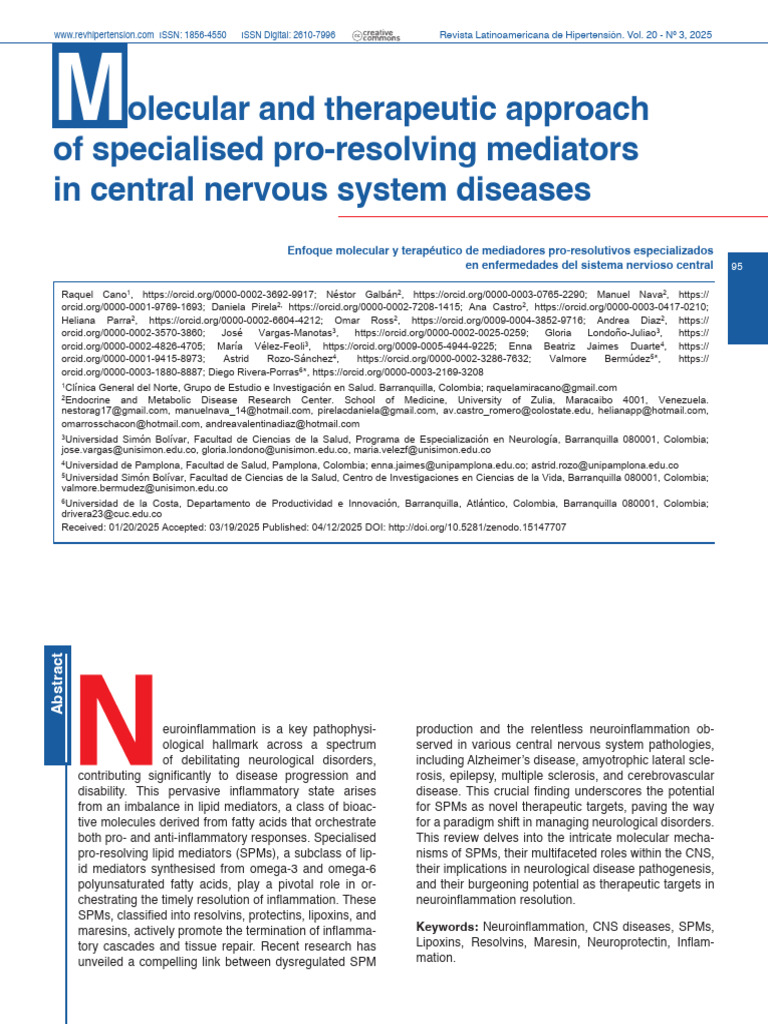 Pro-Resolving Lipid Mediators in CNS Diseases | PDF | Inflammation ...