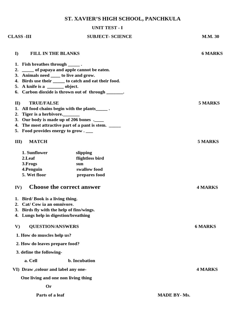 Class 3 Science Unit Test - St. Xavier's | PDF