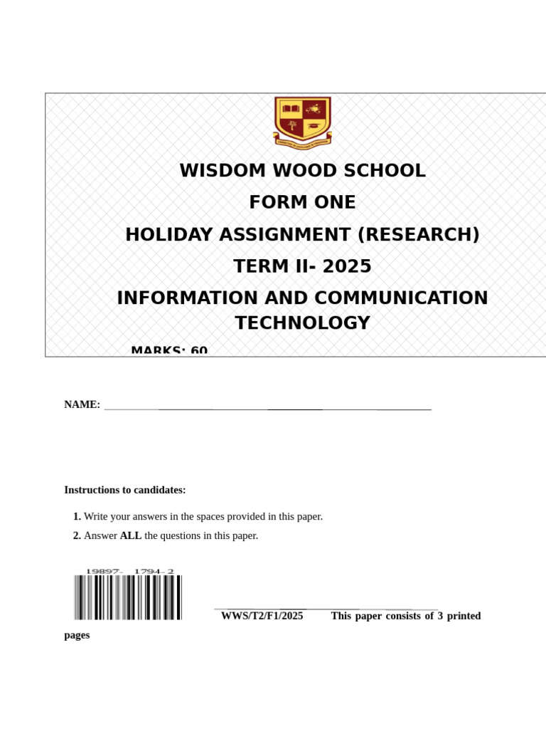 Form One ICT Holiday Assignment 2025 | PDF | Input/Output | Computer ...