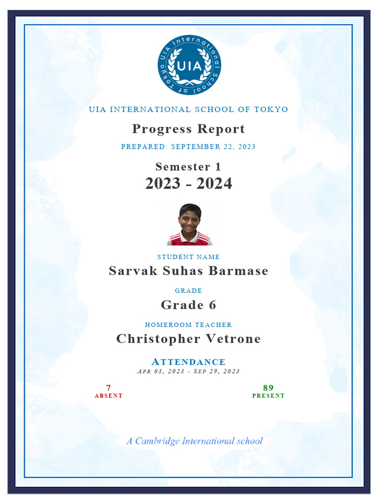 Grade 6 Semester 1 Progress Report | PDF | Mathematics | Learning
