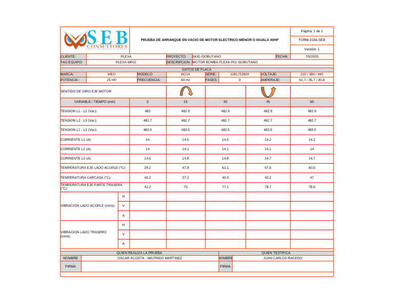 Form-0166-Seb - Prueba de Arranque en Vacio de Motor Electrico Menor o ...