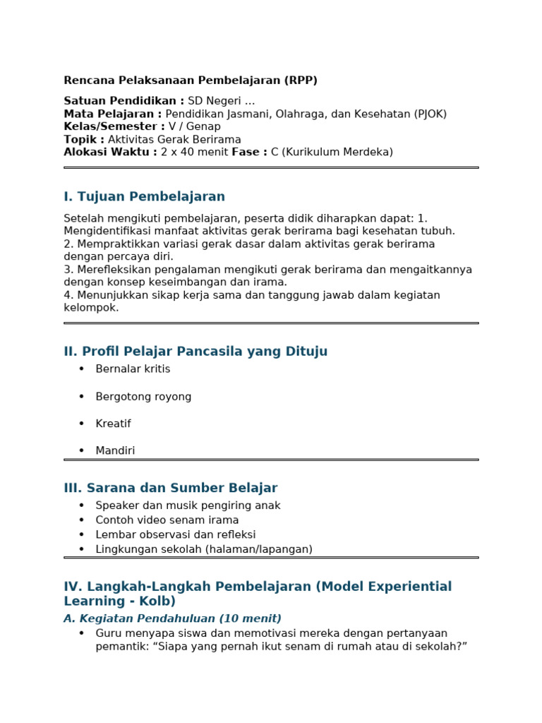 RPP PJOK Kelas 5: Experiential Learning | PDF