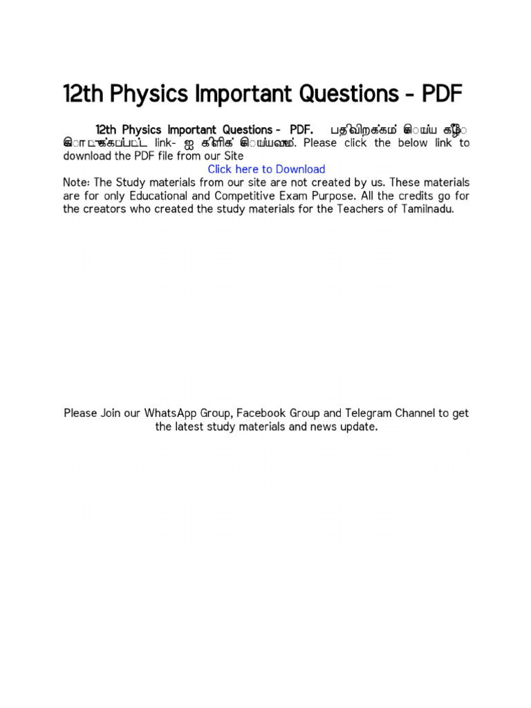 12th Physics Important Questions PDF | PDF