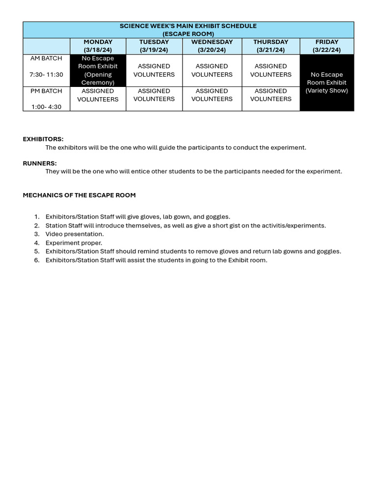 Escape Room Scedule List | PDF