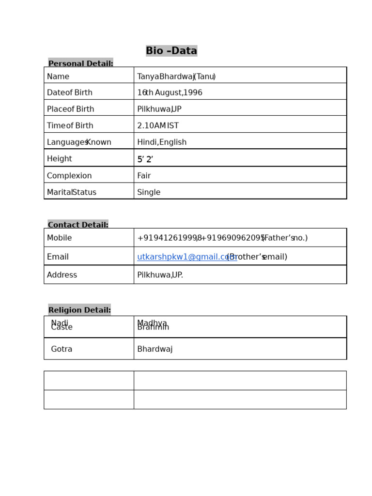 Personal Bio Data of Tanu Bhardwaj | PDF