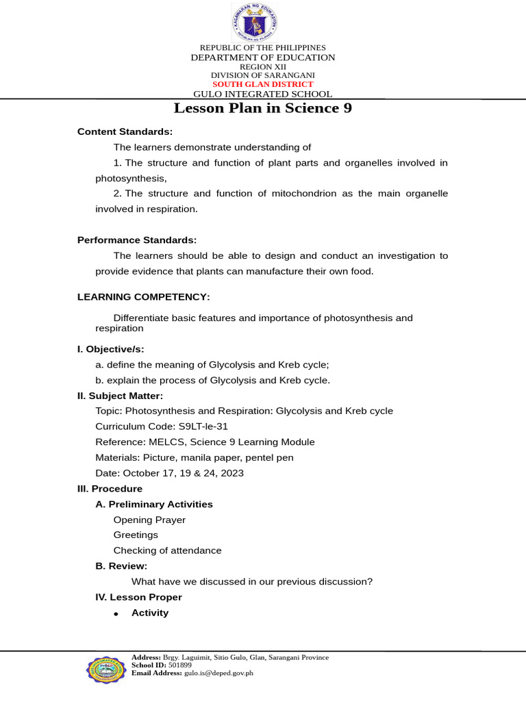 Lesson Plan in Science 9 Photosynthesis (Gycolysis) (Oct 17, 19 & 24 ...