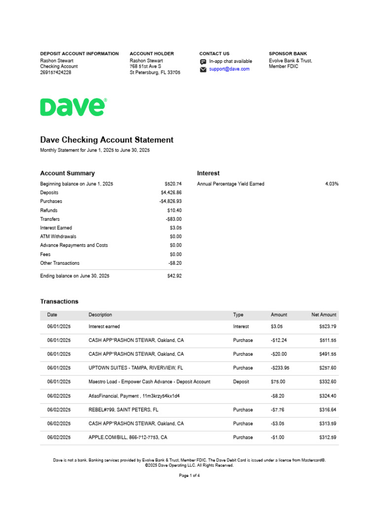 June 2025 Checking Account Statement | PDF | Debit Card | Banks
