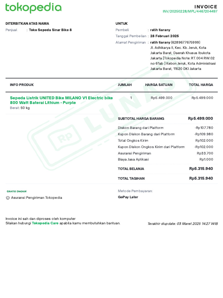 Invoice Pembelian Sepeda Listrik UNITED | PDF