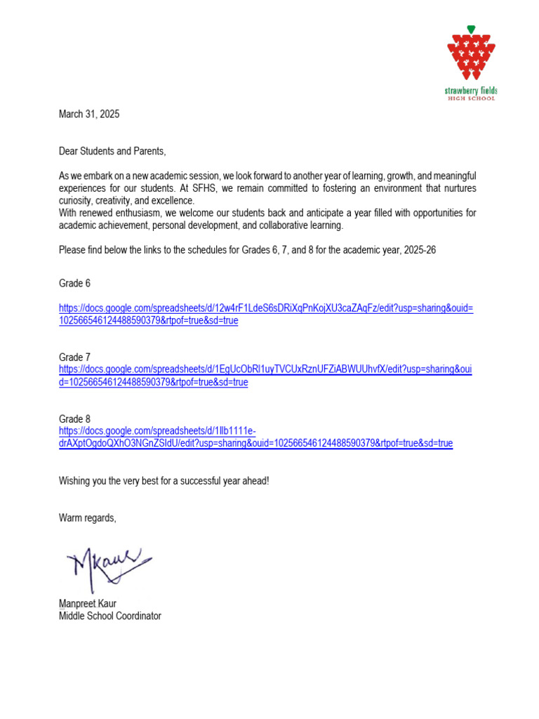 SFHS 2025-26 Middle School Schedules | PDF