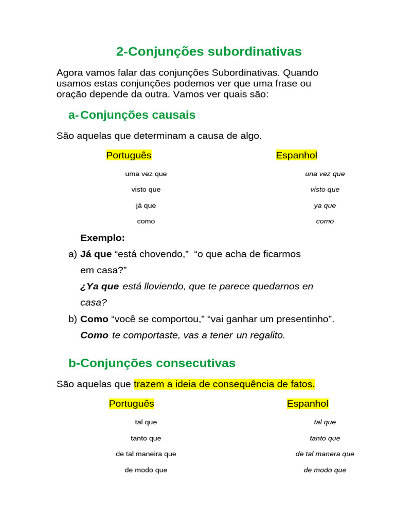 Conjunções Subordinativas em Português e Espanhol | PDF