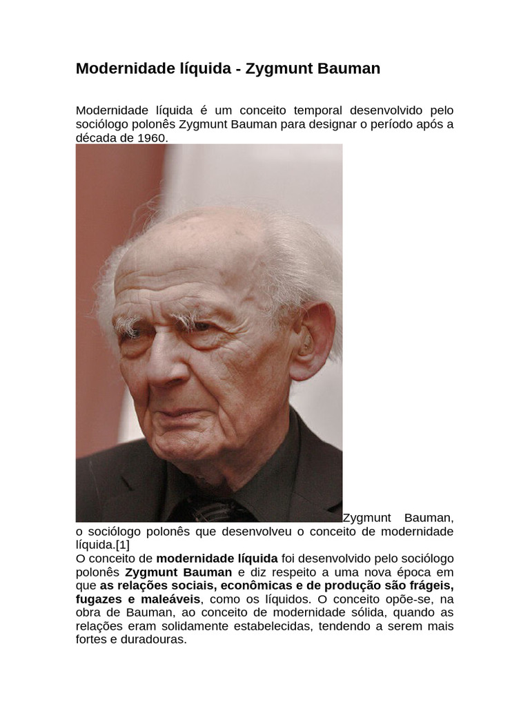 Modernidade Líquida de Zygmunt Bauman | PDF | Modernidade | Educação em ...