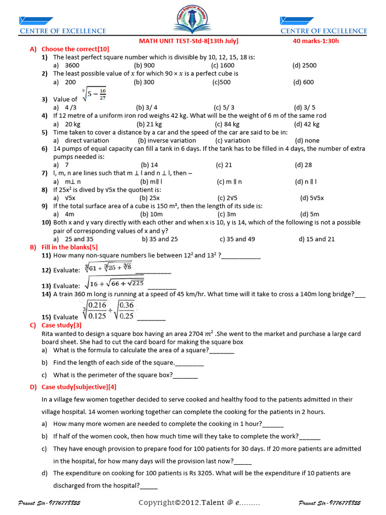 Math Unit Test-Std-8 (13th July) | PDF | Area